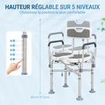 Tabouret de douche, tabouret de bain avec siège rembourrée en U amélioré et accoudoirs, hauteur réglable, gris