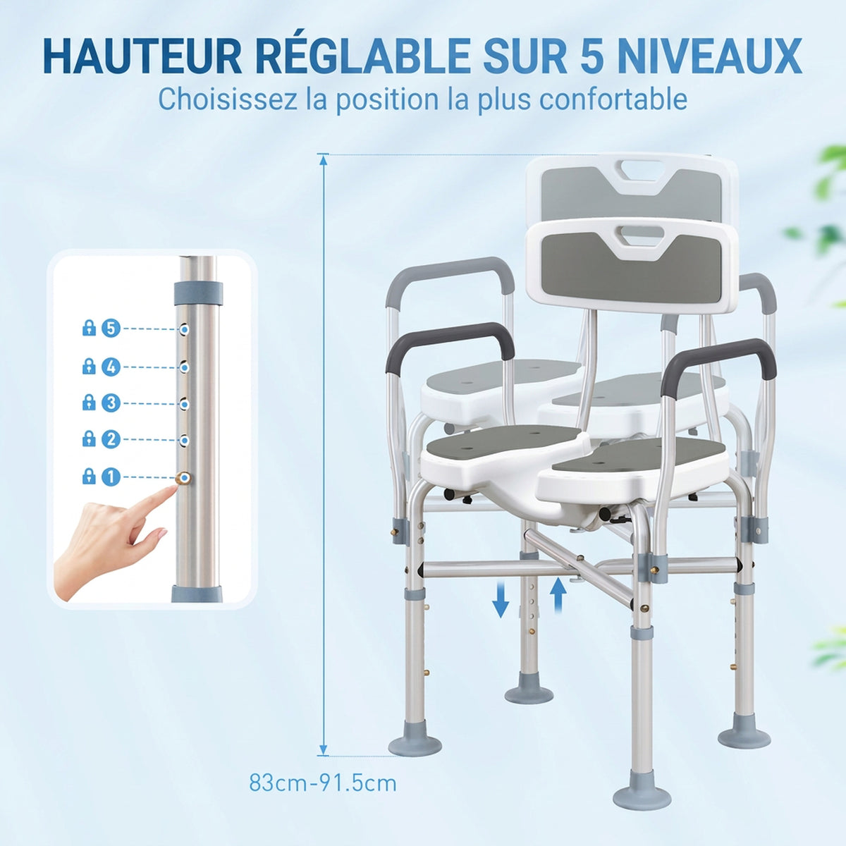 Tabouret de douche, tabouret de bain avec siège rembourrée en U amélioré et accoudoirs, hauteur réglable, gris