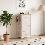 Commode 4 tiroirs en tissu, meuble de rangement avec 4 poches, 2 crochets, structure en acier, 45 x 30 x 94,5 cm, Beige