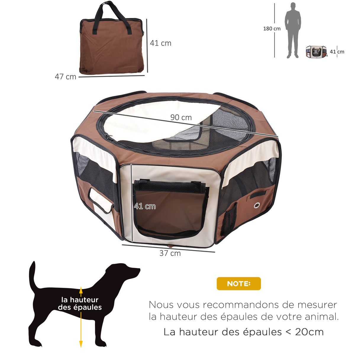 Parc enclos pliable pour chien chat petits animaux octogonal en tissu Oxford et acier Ø 90 x 41H cm marron beige