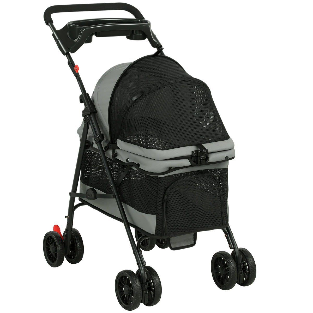 Poussette pour Chien Pliable, 4 Roues EVA, Fenêtres en Maille, Laisses de Sécurité, Coussin Amovible, 73x50x96cm, Gris