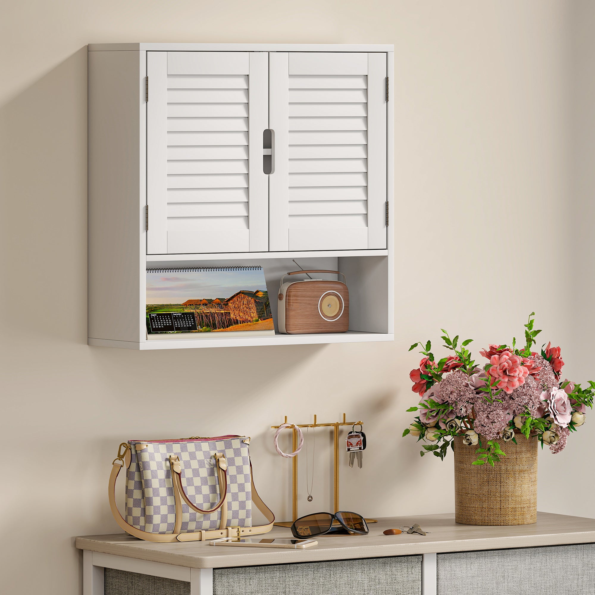 Armadietto da bagno a parete con anta a persiana, ripiano regolabile e scomparto a giorno, 60x20x60cm, bianco