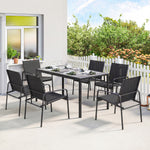 Salon de Jardin Extérieur pour 6 Personnes, Table de Patio Effet Bois et Chaises avec Assise en Maille Respirante, Cadre en Acier Galvanisé, Noir