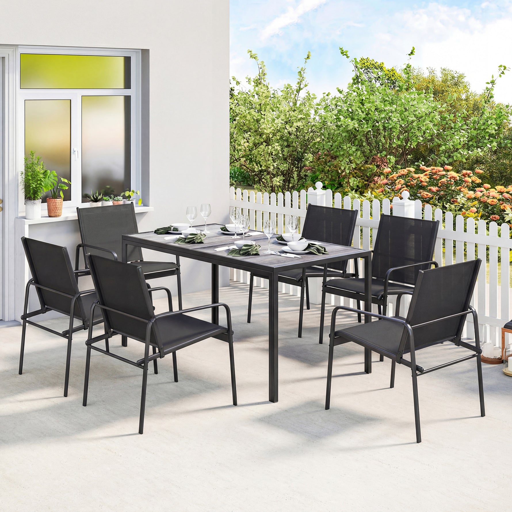 Salon de Jardin Extérieur pour 6 Personnes, Table de Patio Effet Bois et Chaises avec Assise en Maille Respirante, Cadre en Acier Galvanisé, Noir