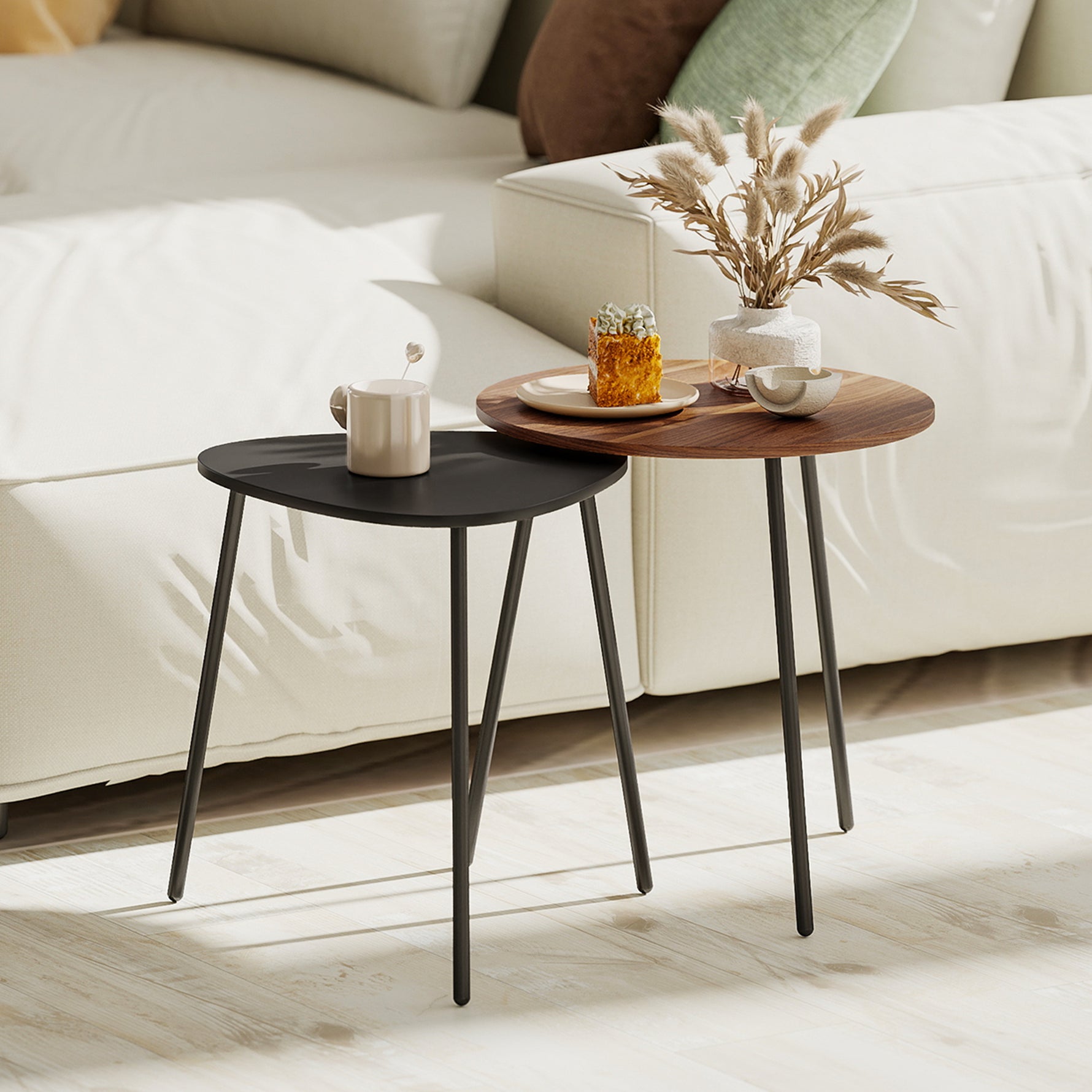 Lot de 2 tables basses gigognes, tables d'appoint contemporain cadre en métal, ronde et triangulaire, noyer et noir