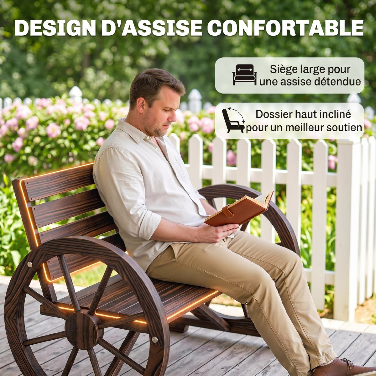 Banc de Jardin banc 3 places banc en bois Style Rustique Chic accoudoirs Roues Charette Bois Sapin traité carbonisation