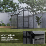 Serre de jardin polycarbonate 190 x 132 x 201 cm résistant aux UV 30+ fondation renforcé gouttière gris