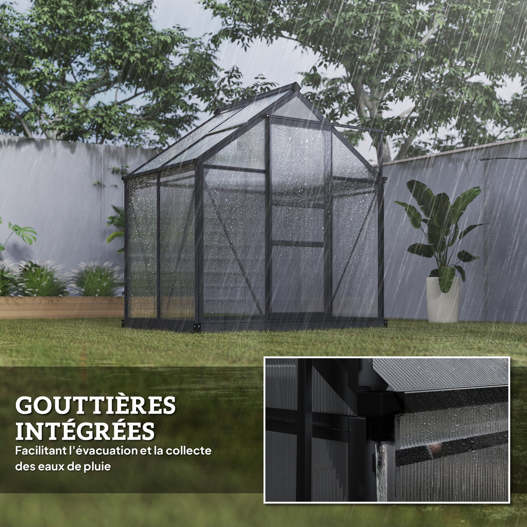 Serre de jardin polycarbonate 190 x 132 x 201 cm résistant aux UV 30+ fondation renforcé gouttière gris