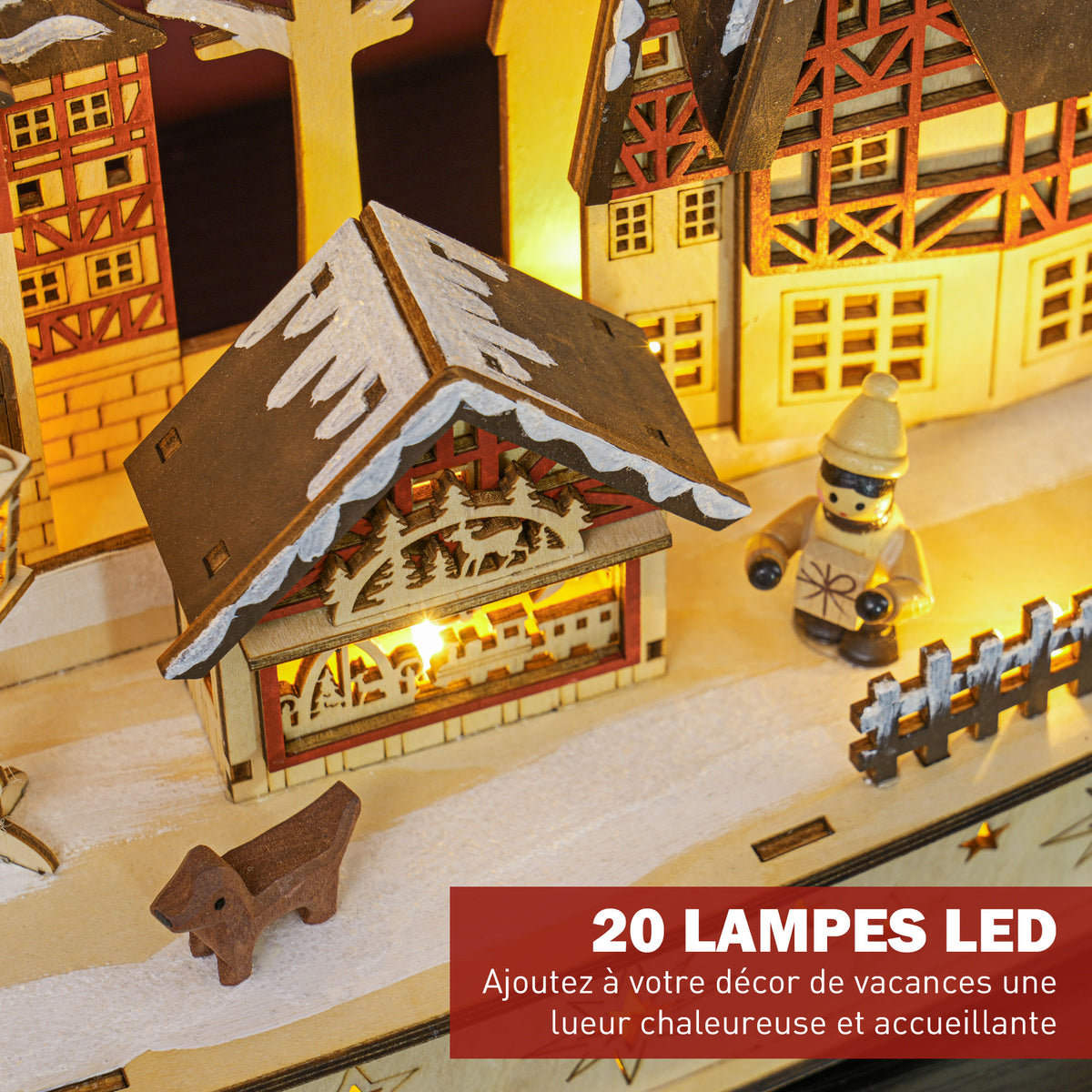 Verlicht kerstdorp, geanimeerd houten kerstdorp, met 20 LED's, besneeuwd landschap, 45L x 12B x 30H cm, naturel hout