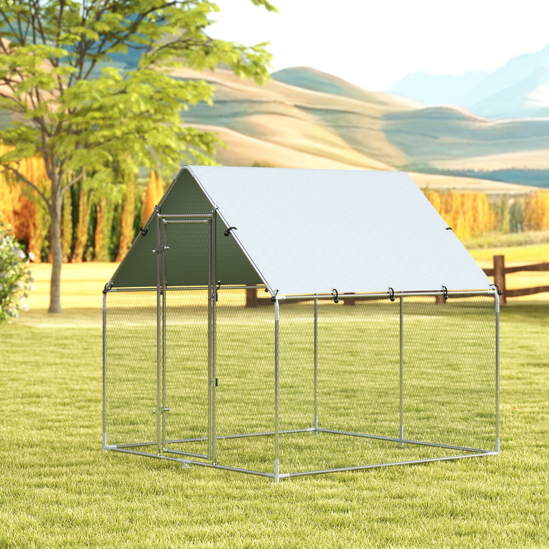 Enclos poulailler extérieur 4 m², parc grillagé - acier galvanisé Ø19mm - bâche Oxford 420D anti-UV 200x200x200cm argent