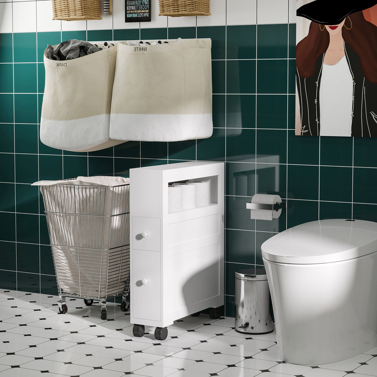 Badezimmer-Rollwagen, WC-Schrank, offenes Regal mit 2 Schubladen, 16 x 52 x 71,5 cm, weiß