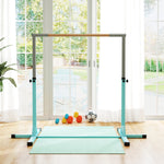 Turnstange für Kinder, 13-fach höhenverstellbar von 92-150 cm, aus Stahl und Buchenholz, Cyan