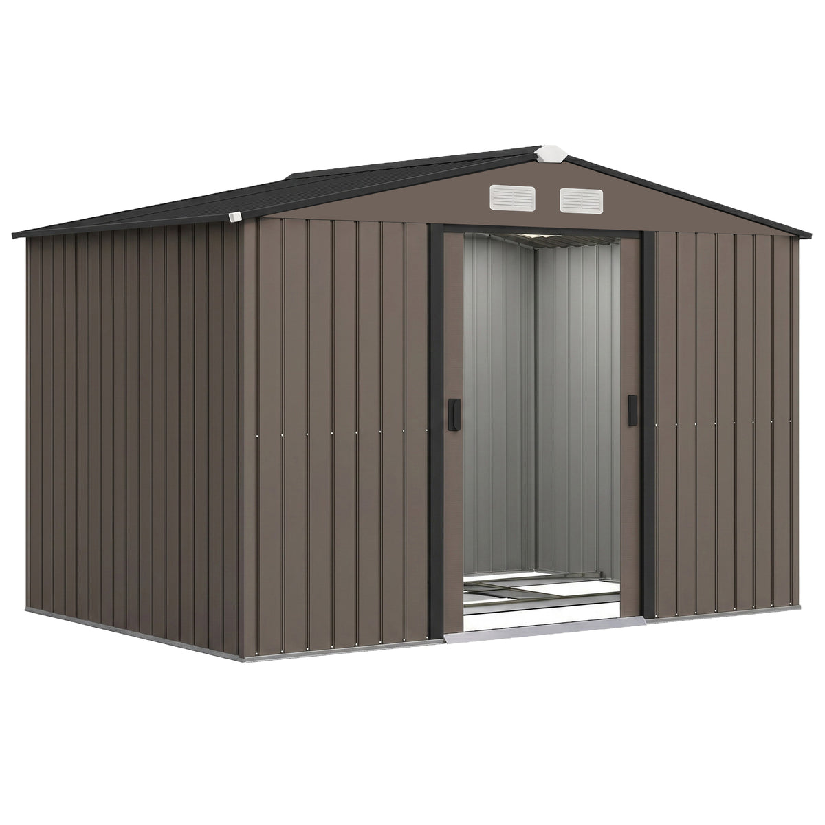 Abri de jardin 5,4 m² 2,77 x 1,95 x 1,92 m kit de fondation porte coulissante ventilations acier galvanisé, marron