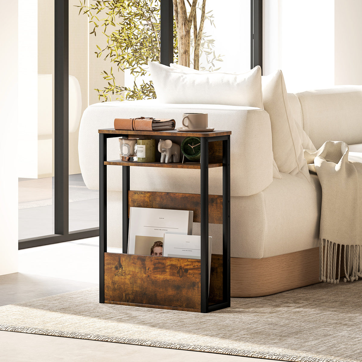 Table d'appoint table de chevet avec étagère à deux niveaux coins arrondis 46l x 18P x 58,5H cm brun rustique-1