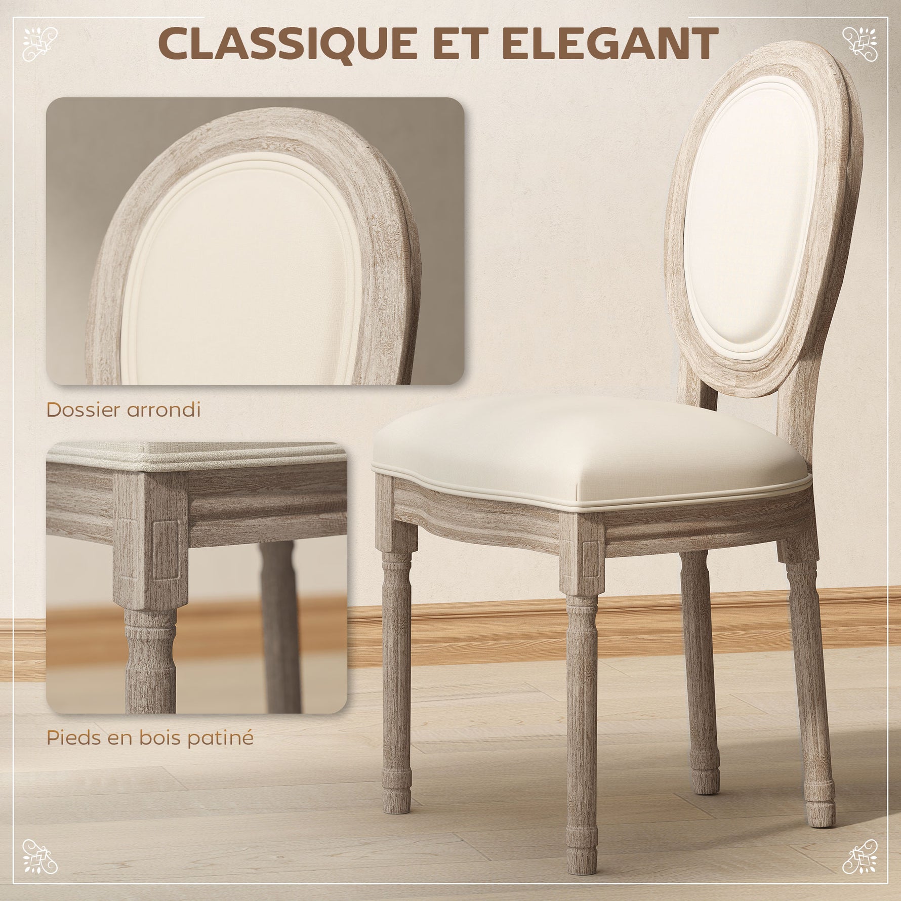 Lot de 2 chaises de Salle à Manger - Chaise de Salon médaillon Style Louis XVI Aspect Lin Crème