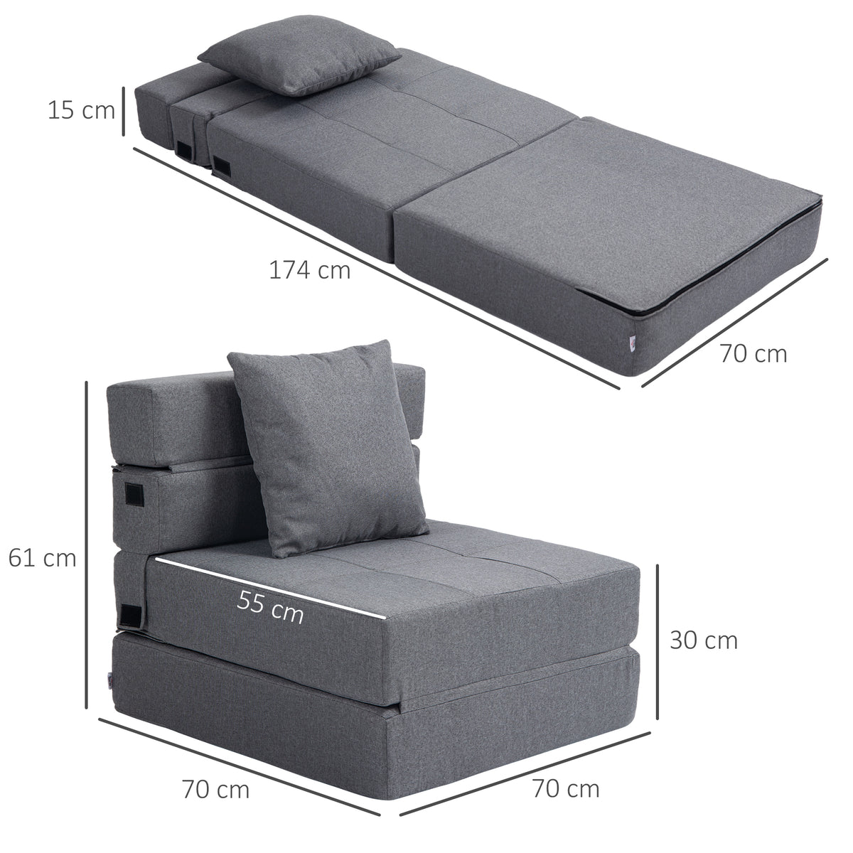 Chauffeuse canapé-lit convertible fauteuil 1 place avec 1 coussin déhoussable, tissu gris