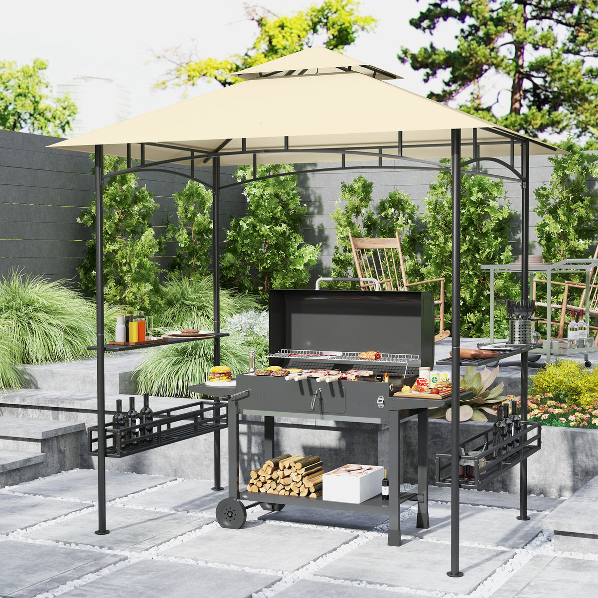 Tonnelle de barbecue auvent de réception pour jardin crochet au plafond étagères et paniers 240 x 150 x 257 cm beige