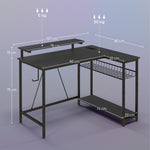 Bureau d'angle réversible, bureau d'ordinateur avec LED, 2 prises et 2 ports USB et panier réglable, 107x80x90cm, noir