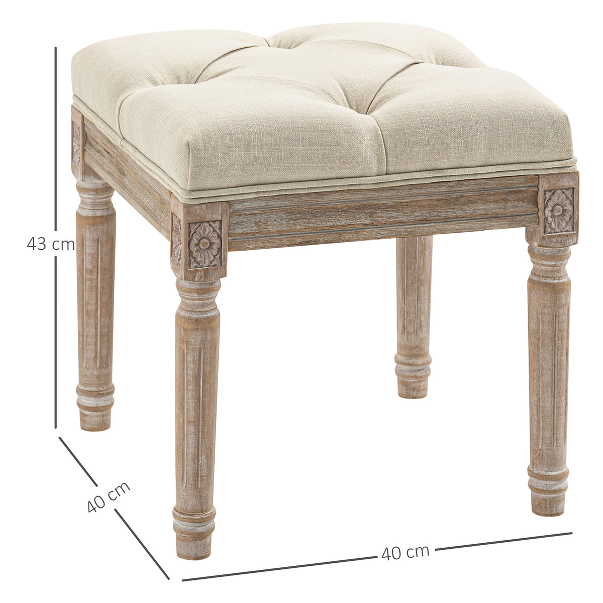 Repose pied salon, ottoman, siège rembourré en tissu aspect lin avec pieds en bois d'hévéa, 40 x 40 x 43 cm, beige