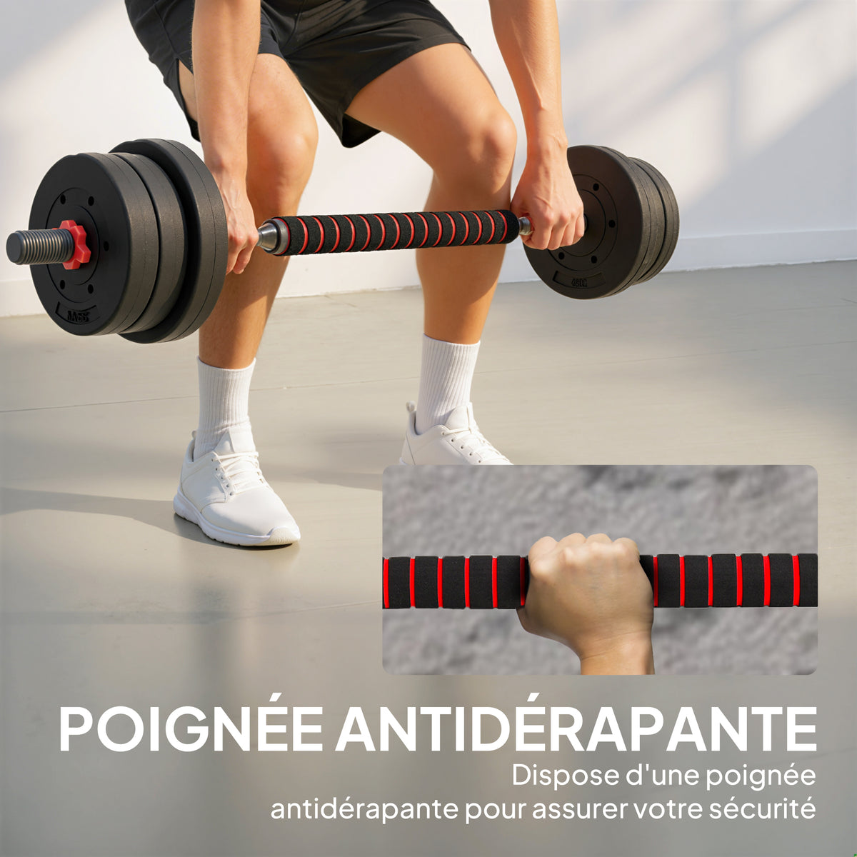 Kit Haltères Musculation 2-en-1, Lot de 2, 25 kg, poids réglable - Barres incluses - entraînement Musculaire & haltérophilie - HDPE Noir Rouge