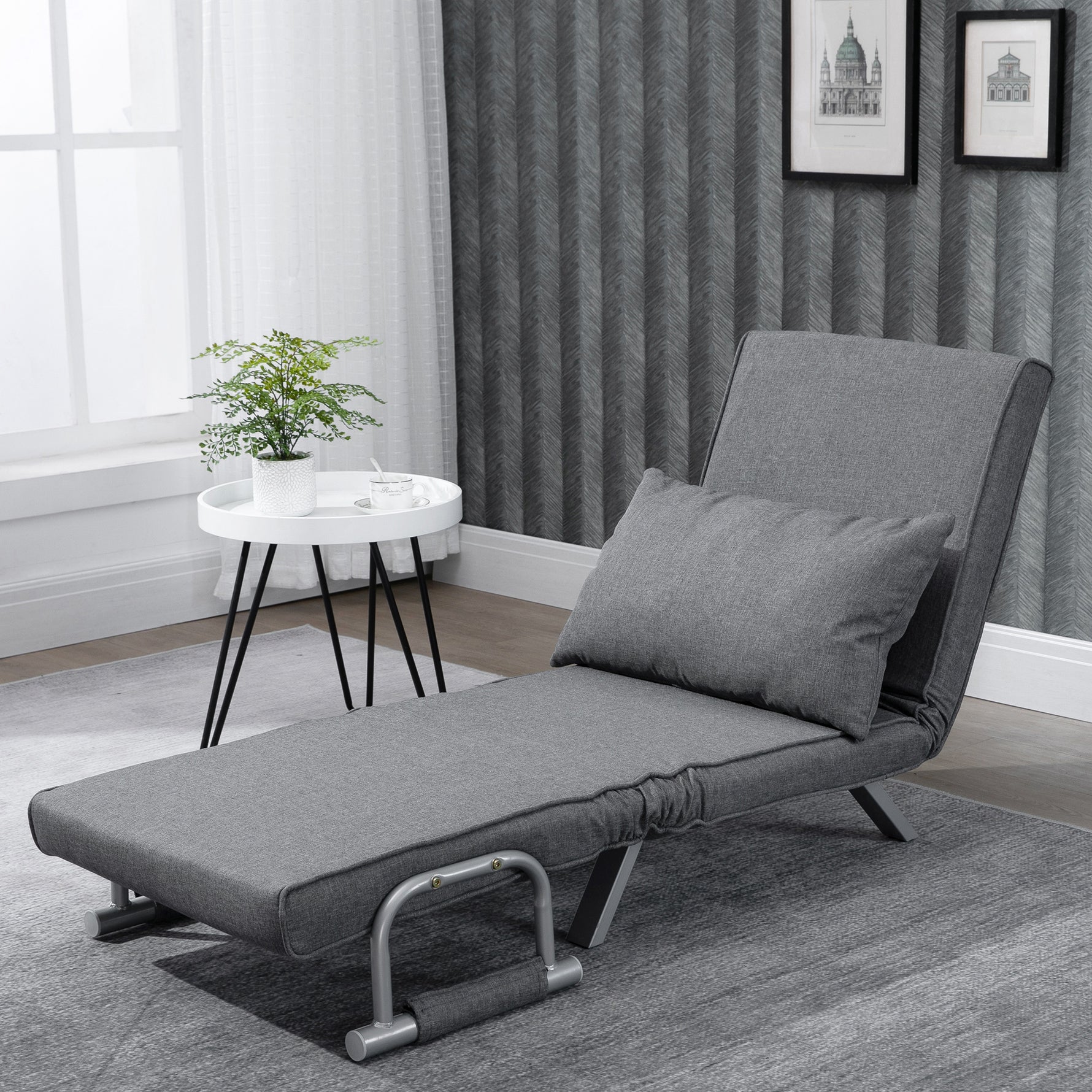 Fauteuil chauffeuse canapé-lit Convertible 1 Place déhoussable Grand Confort Coussin Pieds accoudoirs métal Lin Gris Clair