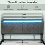 Lit coffre 140 x 190 cm avec éclairage LED, tête de lit réglable, cadre de lit double, sommier à lattes en bois, gris