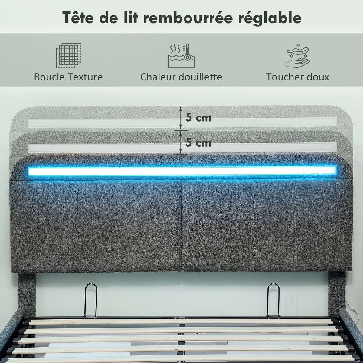 Lit coffre 140 x 190 cm avec éclairage LED, tête de lit réglable, cadre de lit double, sommier à lattes en bois, gris