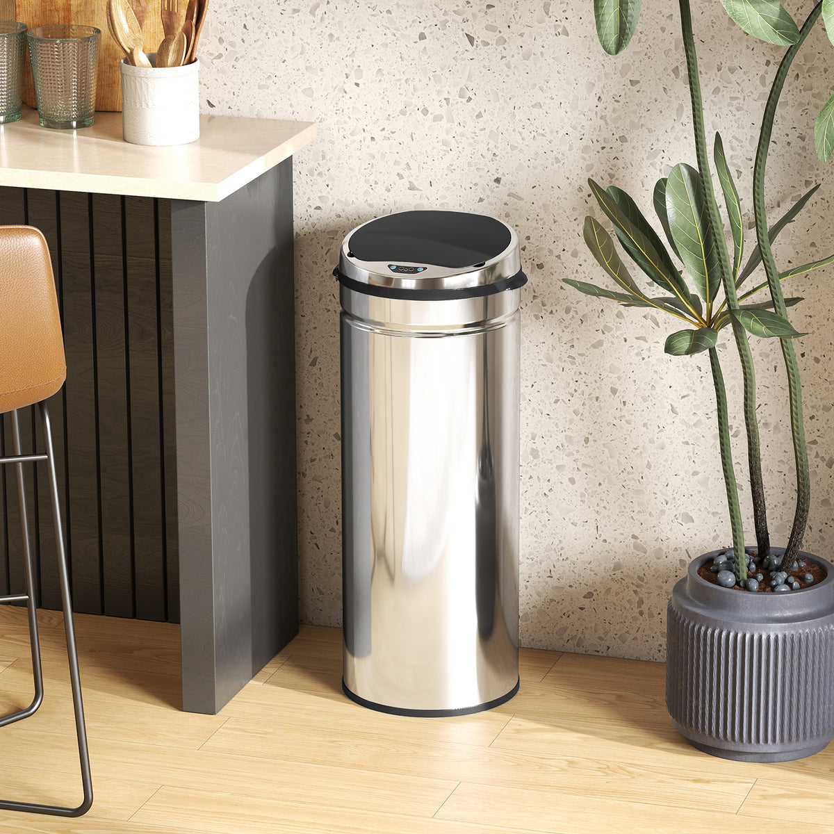 Poubelle à capteur de mouvement ouverture automatique 50 L en acier inoxydable noir et argent