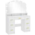 Coiffeuse avec Miroir, Lumières LED Réglable 3 Couleurs, 7 Tiroirs, 3 Compartiments Ouverts, 110 x 40 x 150 cm, Blanc