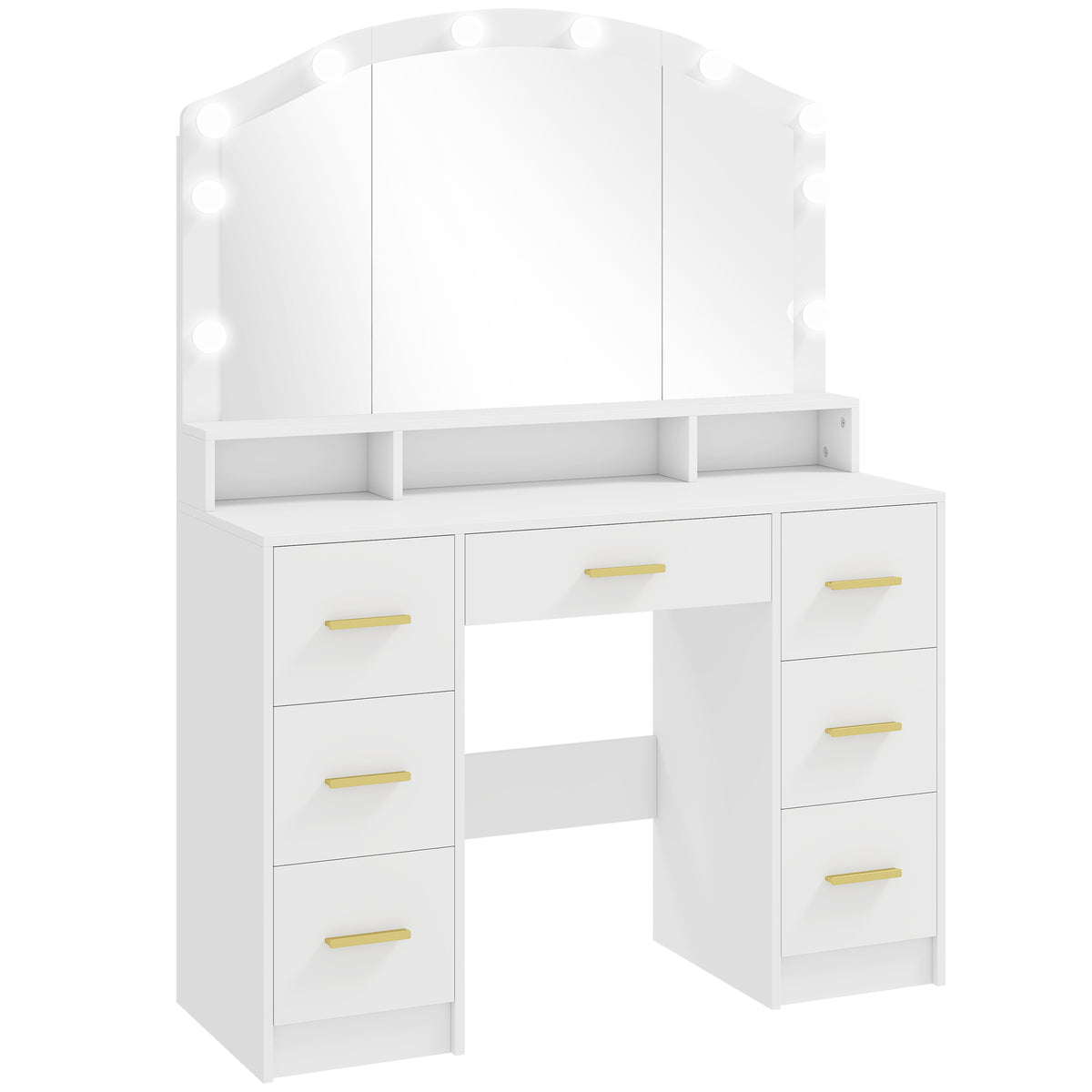 Coiffeuse avec Miroir, Lumières LED Réglable 3 Couleurs, 7 Tiroirs, 3 Compartiments Ouverts, 110 x 40 x 150 cm, Blanc