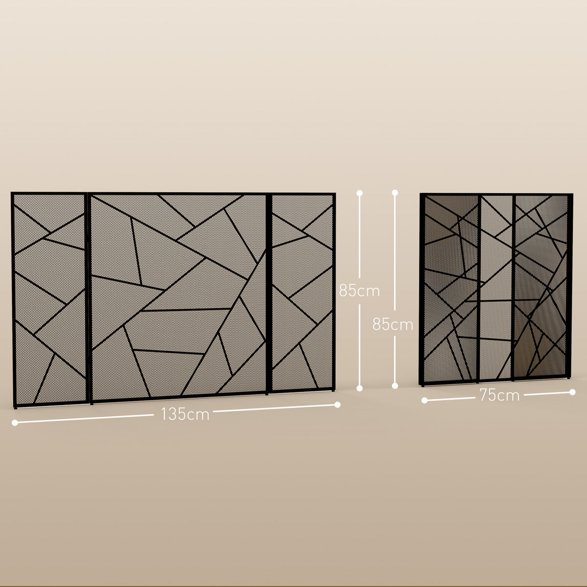 Pare feu cheminée pliable 3 panneaux en acier avec décor géométrique et pieds antidérapants, 135l x 1,2P x 85H cm, noir-2