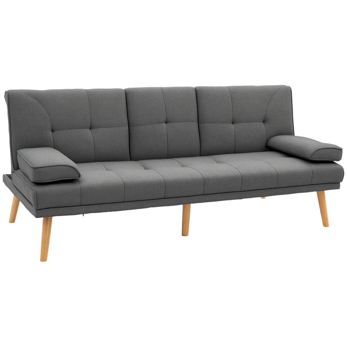 Canapé convertible 3 places, canapé-lit rembourré avec dossier réglable 3 niveaux, 2 coussins et 2 porte-gobelets intégrés, tissu de lin, pour salon, chambre d'amis, petit espace, gris foncé