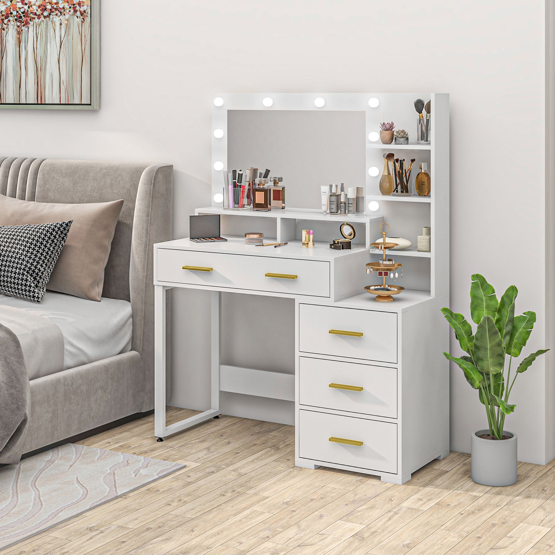 Coiffeuse avec miroir et 9 lumières LED, 4 tiroirs et 6 compartiments ouverts, 100 x 40 x 138 cm, blanc