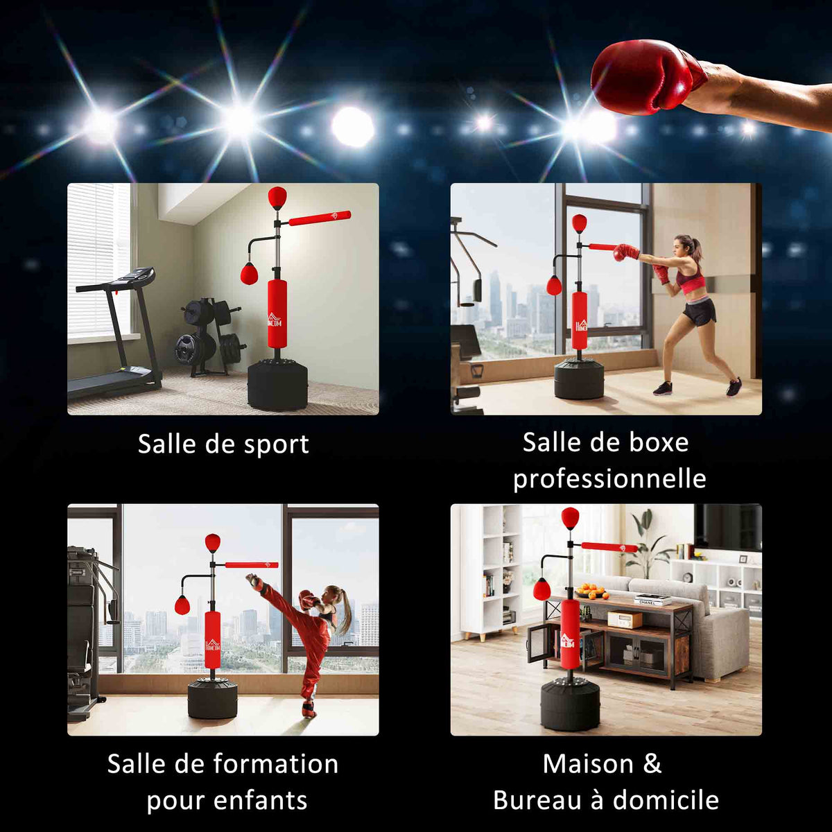 Sac de frappe sur pied 4 en 1 punching ball autonome balles de vitesse barre rotative gants 88 x 50 x 160-230 cm rouge