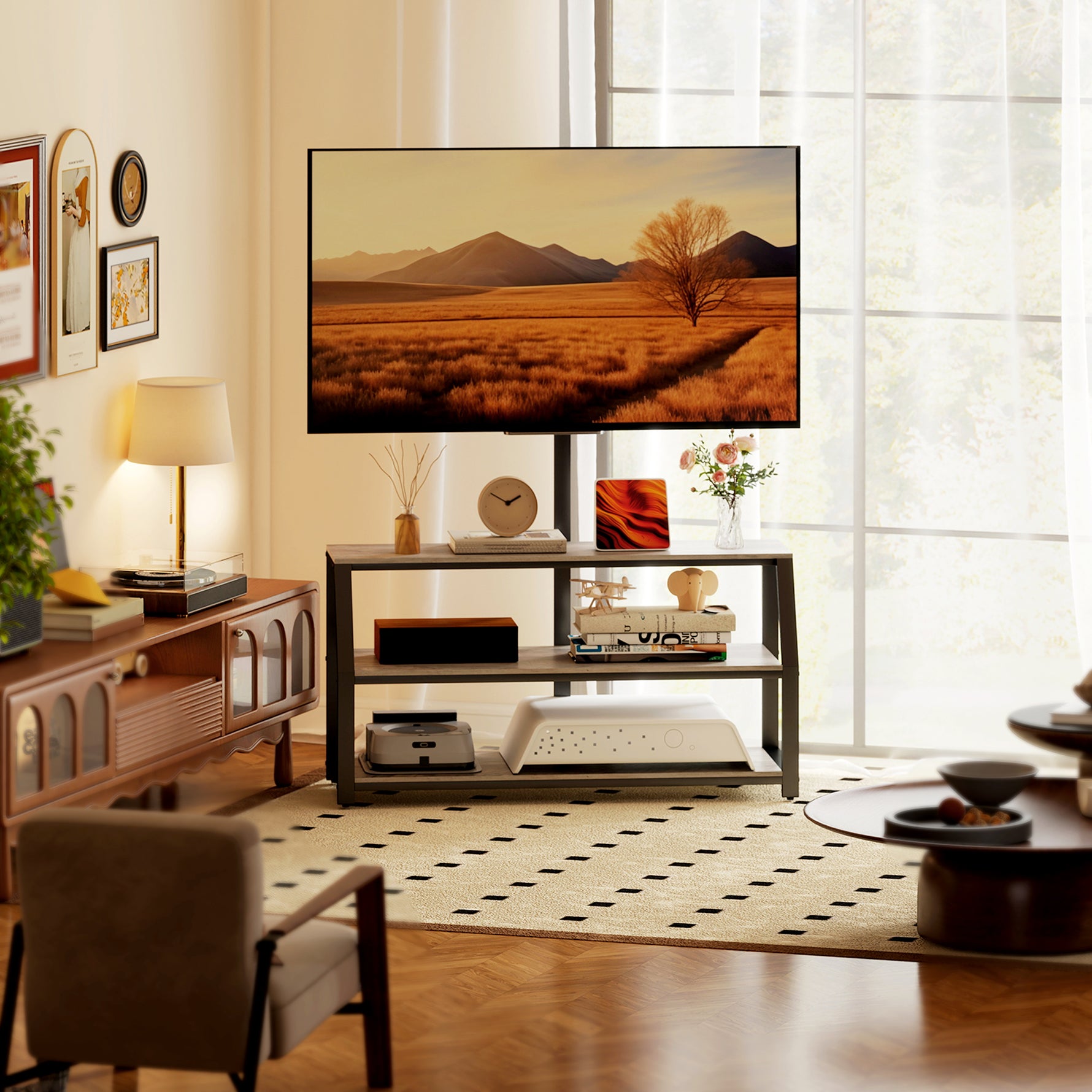 Meuble TV avec support pour téléviseurs jusqu'à 72 pouces, meuble télé avec 2 étagères ouvertes, 110x43x150cm, gris