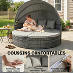 Lettino prendisole rotondo, letto da giardino modulabile 3 pezzi in polyrattan con tettuccio retrattile, grigio chiaro