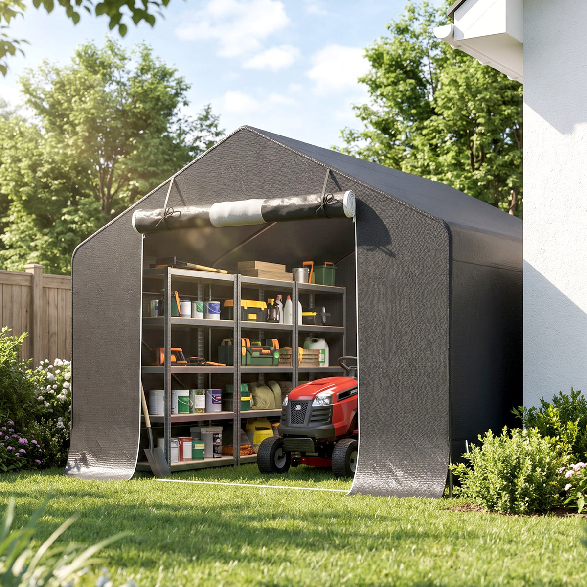 Abri de jardin tente de stockage imperméable abri moto porte enroulable fermeture éclair, 300 x 300 x 210 cm, gris foncé