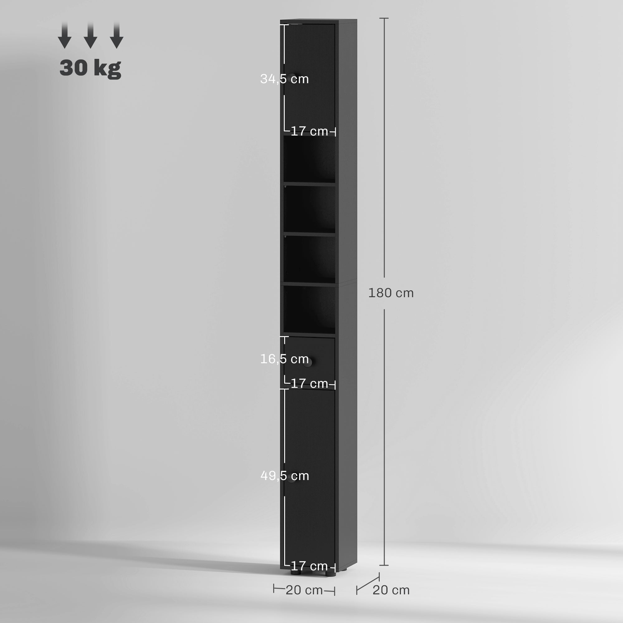 Colonna da bagno armadio alto 1 cassetto 4 ripiani regolabili e 2 ante 20 x 20 x 180 cm nero