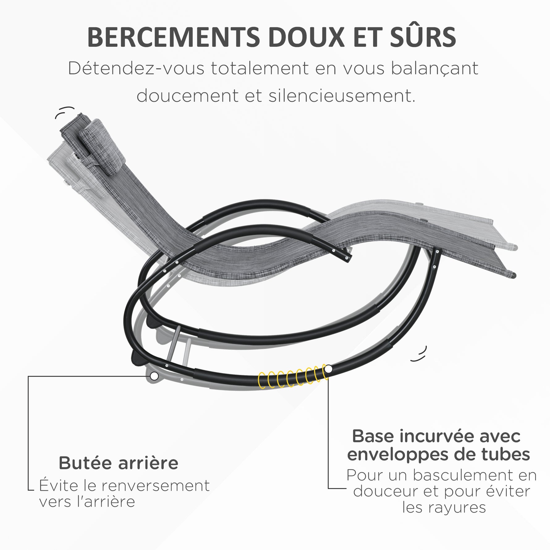 Chaise longue à bascule avec tétière utilisation extérieure intérieure gris chiné