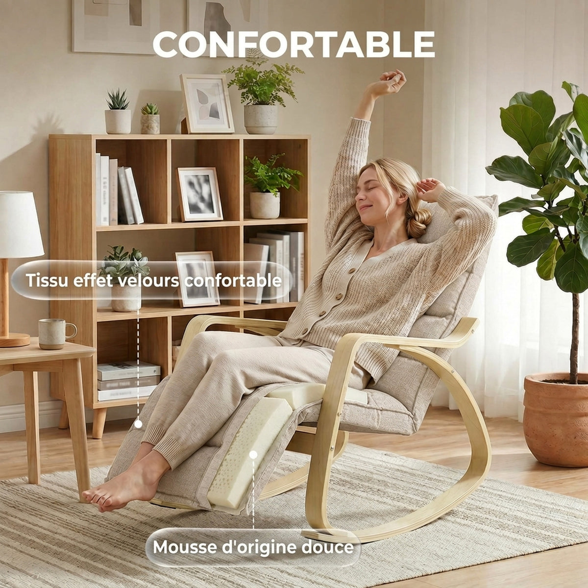 Fauteuil à Bascule avec Repose-Pieds Ajustable, Rocking Chair avec Pieds en Bois de Bouleau, 67x93x105cm, Marron Clair