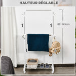 Portant à vêtements, penderie vêtement en acier avec support à chaussures et crochets latéraux, argent et blanc