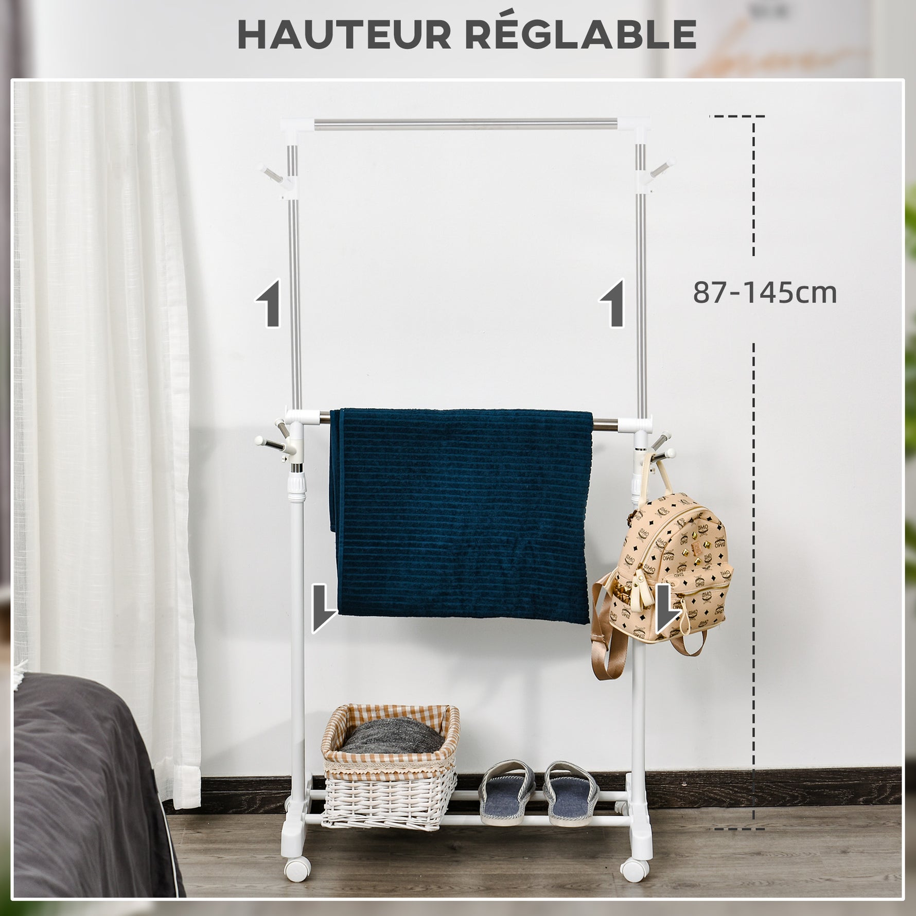 Portant à vêtements, penderie vêtement en acier avec support à chaussures et crochets latéraux, argent et blanc