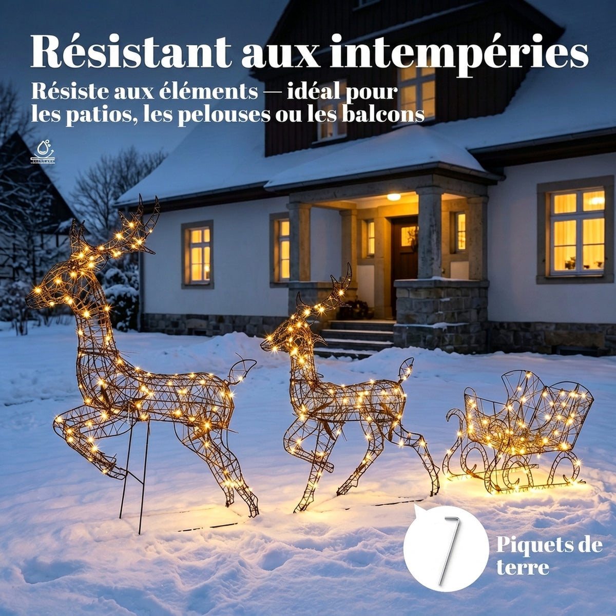 Set di 2 Renne di Natale con Slitta Luminosa 3 Pezzi, 240 LED Bianco Caldo, 8 Modalità e Timer, 78x22x105cm, Marrone
