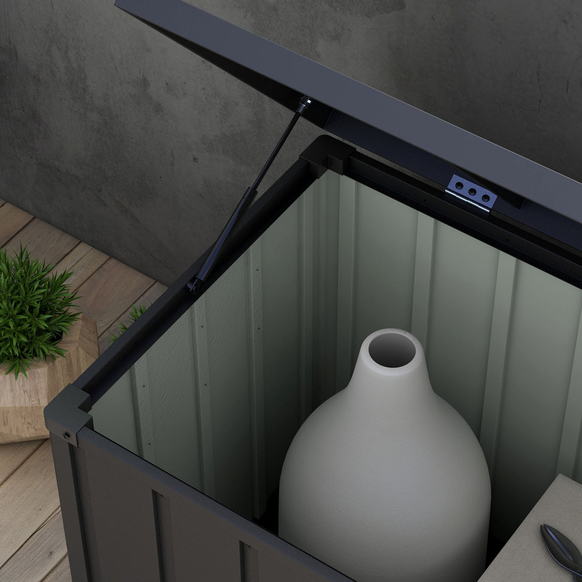 Coffre de rangement pour jardin 450L en métal avec vérin à gaz, roulettes et poignée - dim. 125,5L x 61,5l x 70H cm