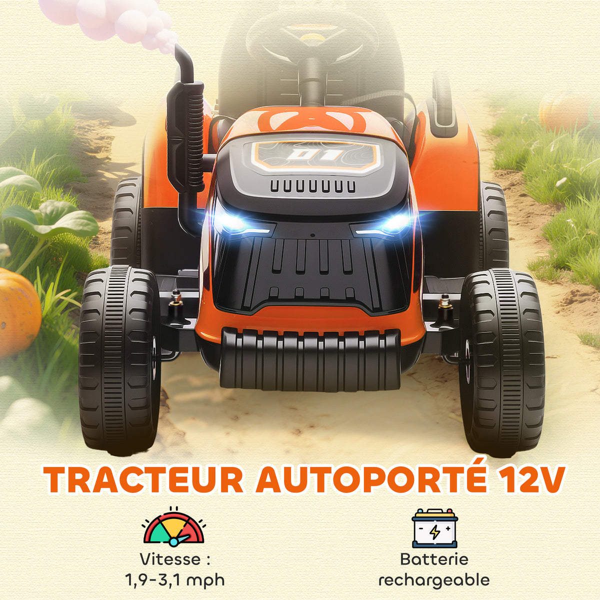 Elektrischer Kindertraktor mit abnehmbarem Anhänger, Elektroauto für Kinder, 2,4G-Fernbedienung, 139x58x55cm, orange