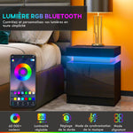 Comodino tavolino da notte con luce LED RGB, pannello lucido con 2 cassetti per soggiorno camera da letto nero