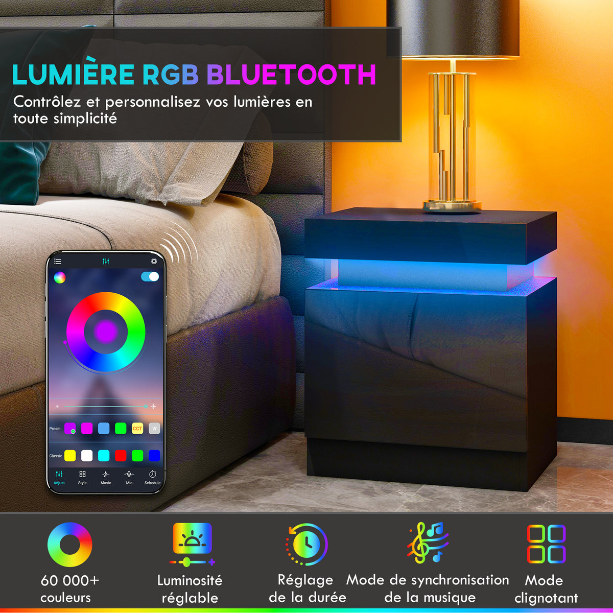 Comodino tavolino da notte con luce LED RGB, pannello lucido con 2 cassetti per soggiorno camera da letto nero