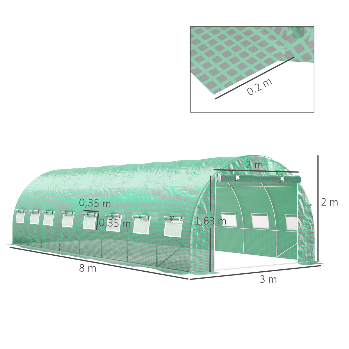 Serra da giardino a tunnel 24m² 8L x 3P x 2A m - 16 finestre, porta avvolgibile con cerniera, acciaio galvanizzato, telo in PE, verde