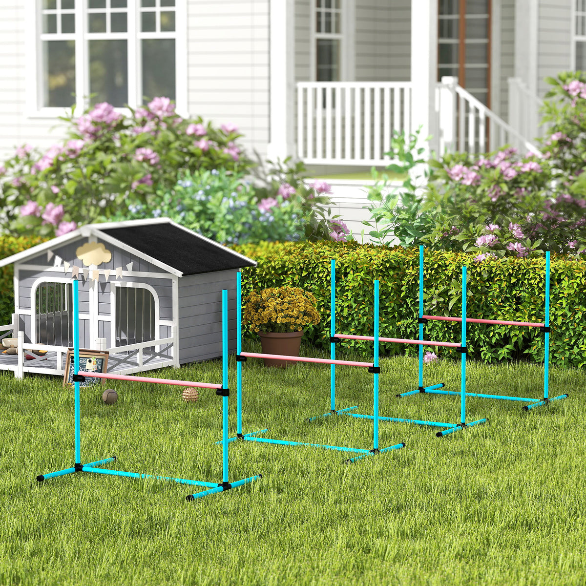 Agility Sport pour Chiens, Set de 4 Obstacles Professionnels avec Système de Maintien au Sol, 99x65x94cm, Bleu Clair