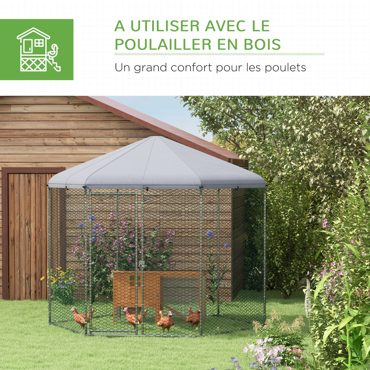 Enclos poulailler extérieur 5 m² parc grillagé dim. 2,8L x 2,45l x 2,46H - espace couvert - 5/8 poules